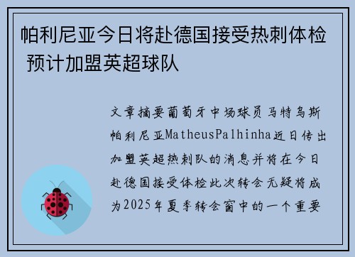 帕利尼亚今日将赴德国接受热刺体检 预计加盟英超球队